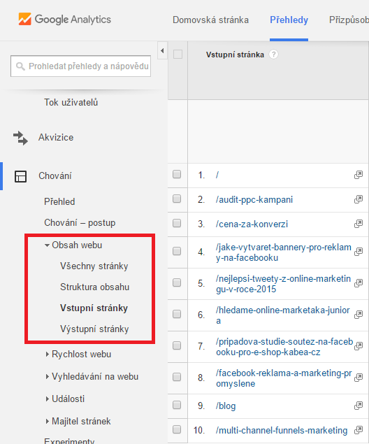Typy stránek v GA