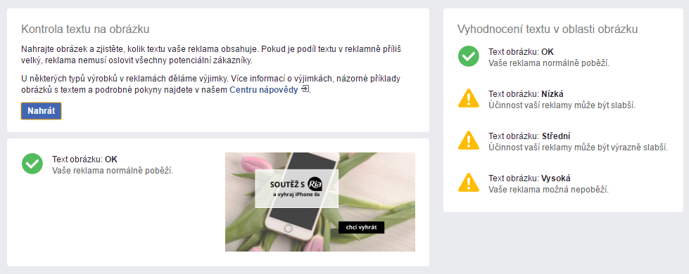 Ukázka toho, jak Facebook posuzuje množství textu v bannerech a vyhodnocuje, zda splňují podmínky