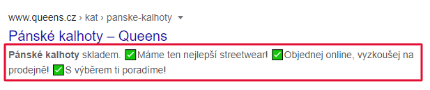 Ukázka pěkného meta popisku, kdy jsou dobře popsané výhody. Obsahuje také výzvu k akci a smajlíky