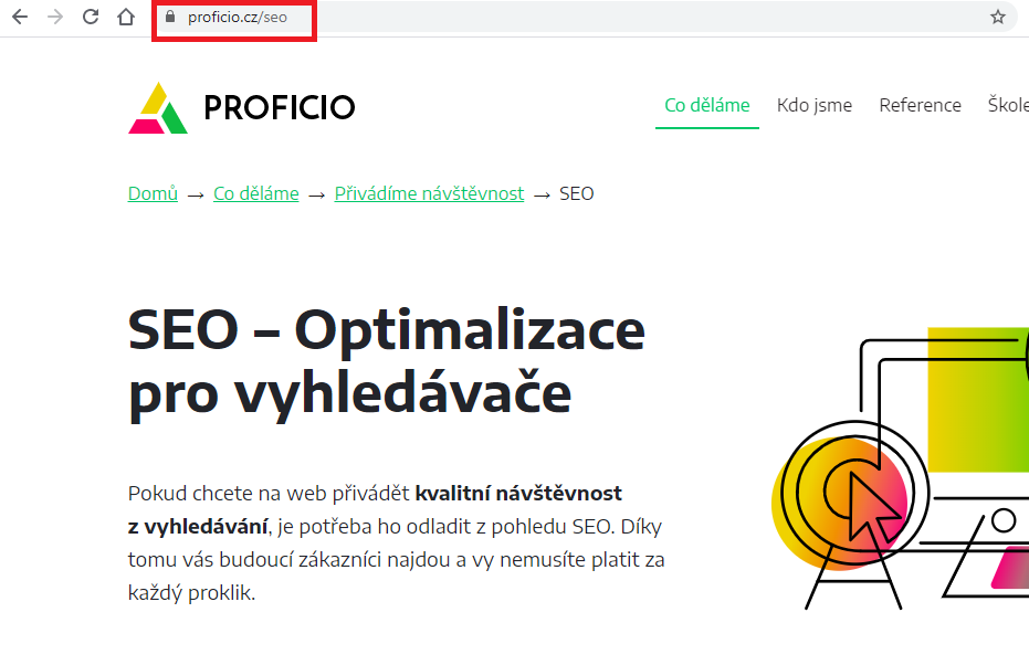 V ukázce vidíte, že drobečková navigace je mnohem delší, kdežto URL jsme zvolili krátkou a jasnou