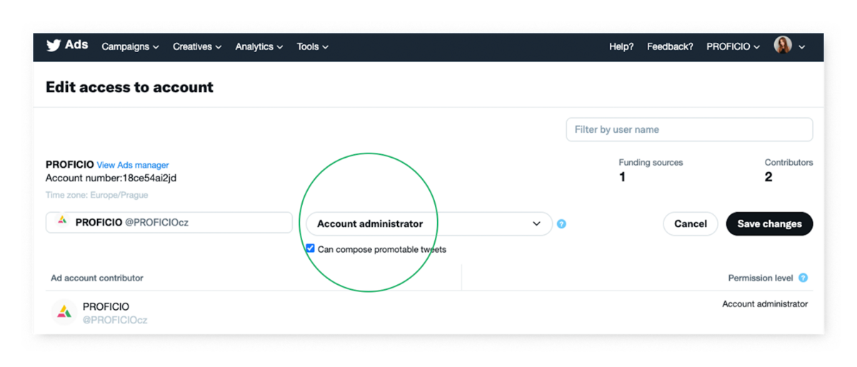 Twitter access settings